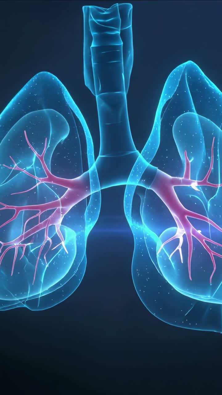 Video verticale: Animazione della trachea e dei polmoni in movimento, mostrando i bronchi iniziali in uno studio per scopi di studio.
