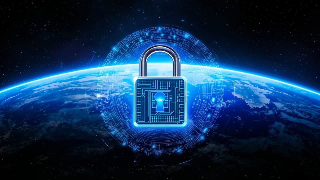 After launch revealing padlock icon within spinning circuit ring over Earth for secure connectivity