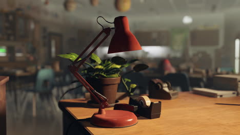 red desk lamp on a desk in a classroom