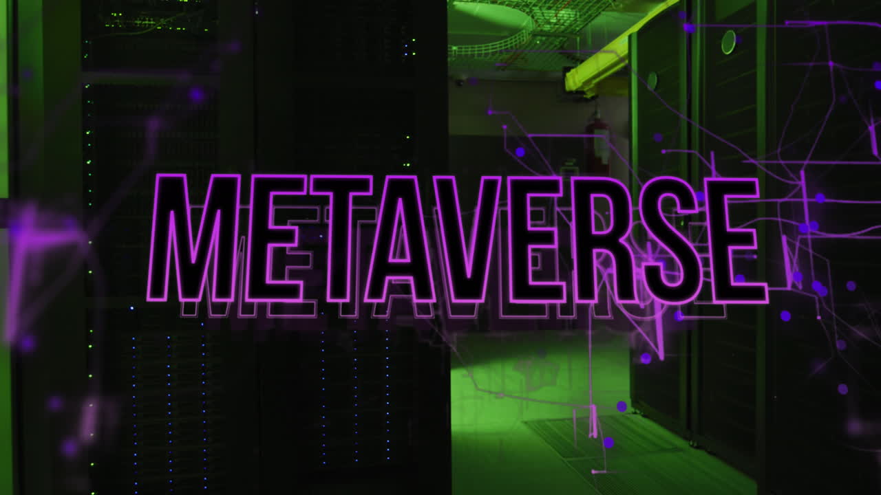 Animation of metaverse text banner and purple light trails against computer server room