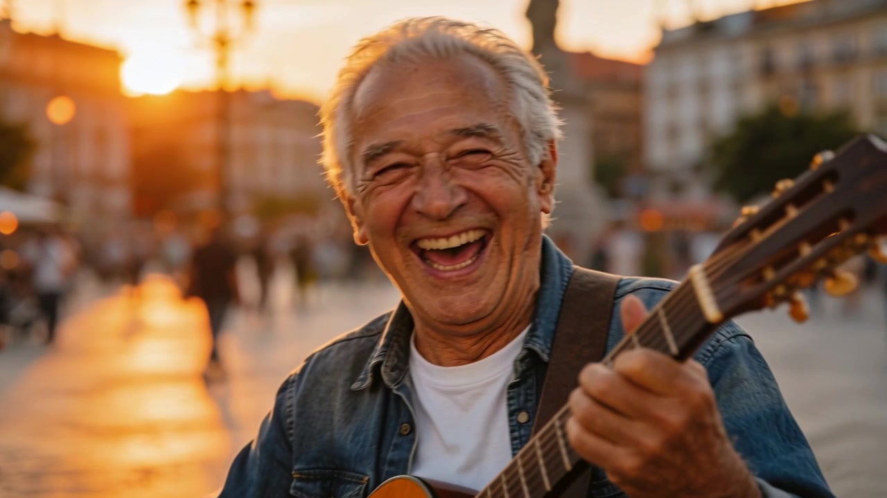 Musicista anziano che si esibisce con la chitarra acustica in giacca di jeans in una piazza al tramonto, la telecamera si avvicina.