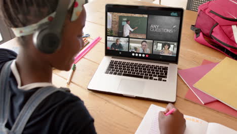 african american girl engages in online learning with teacher and peers.