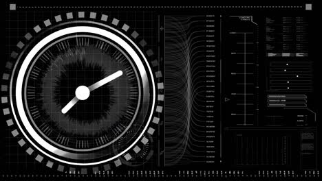 Ticking-digital-clock-over-interface-with-data-processing-against-black-background