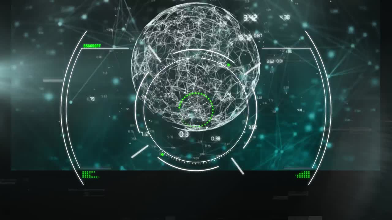 animación del efecto de glitch y escaneo de alcance sobre pantallas cambiantes con procesamiento de datos.