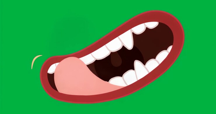 Blue glow appearing behind red mouth on transparent backdrop, mouth pulsing aura highlighting focus