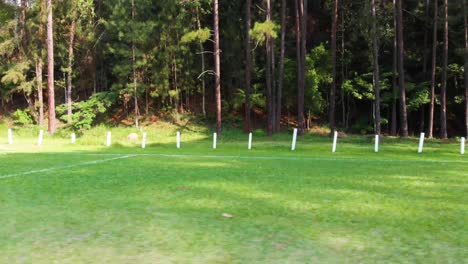 Niedriger-Drohnenflug-Seitwärts-Im-Fußballfeld-Mit-Tor-In-Der-Mitte