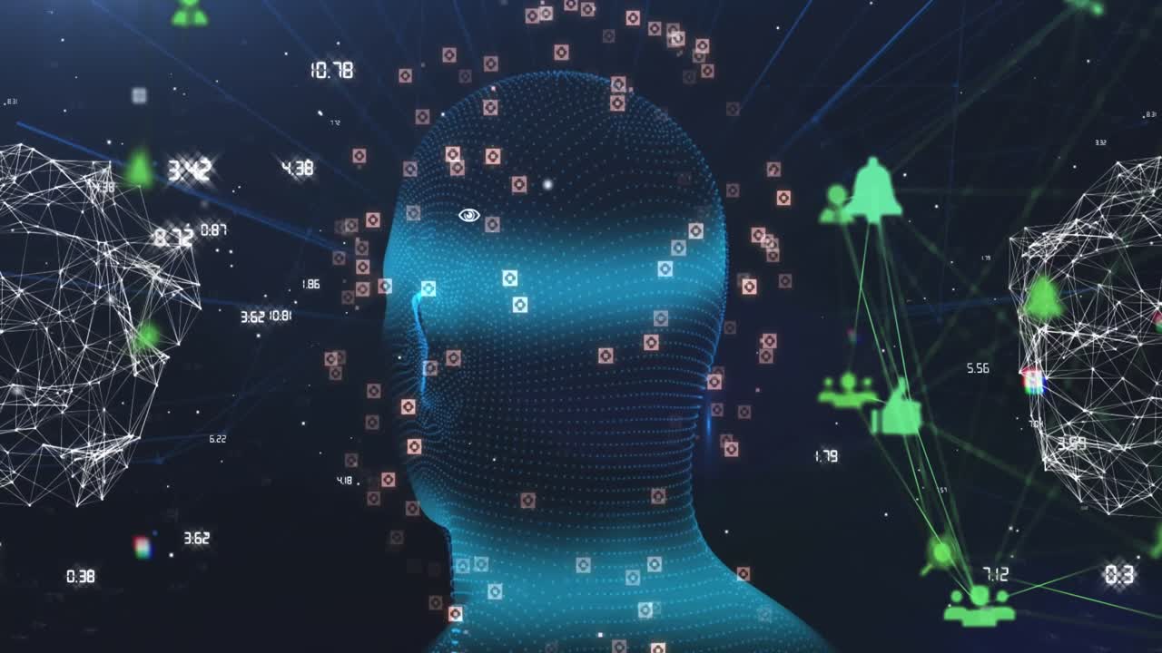 抽象的な背景の上にリンクされたアイコンとドットで照らされた人間の顔のアニメーション