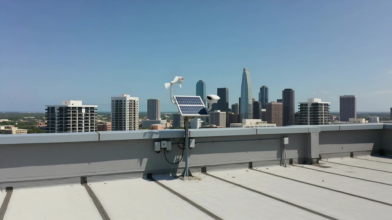 Sliding rooftop camera showing weather station on roof, with spinning anemometer and dome camera