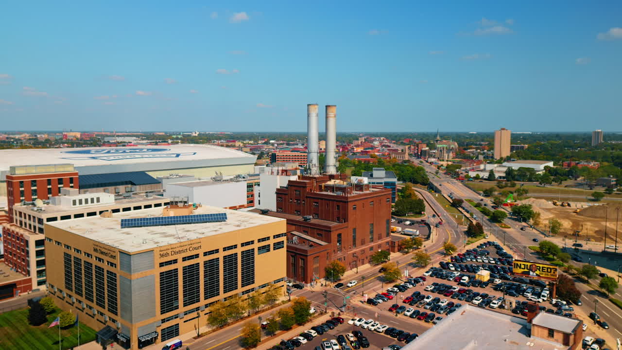 Detroit, USA, 28 July 2025: Large busy parking lots in the cityscape. Aerial perspective on the panorama of Detroit, Michigan, USA near the court building