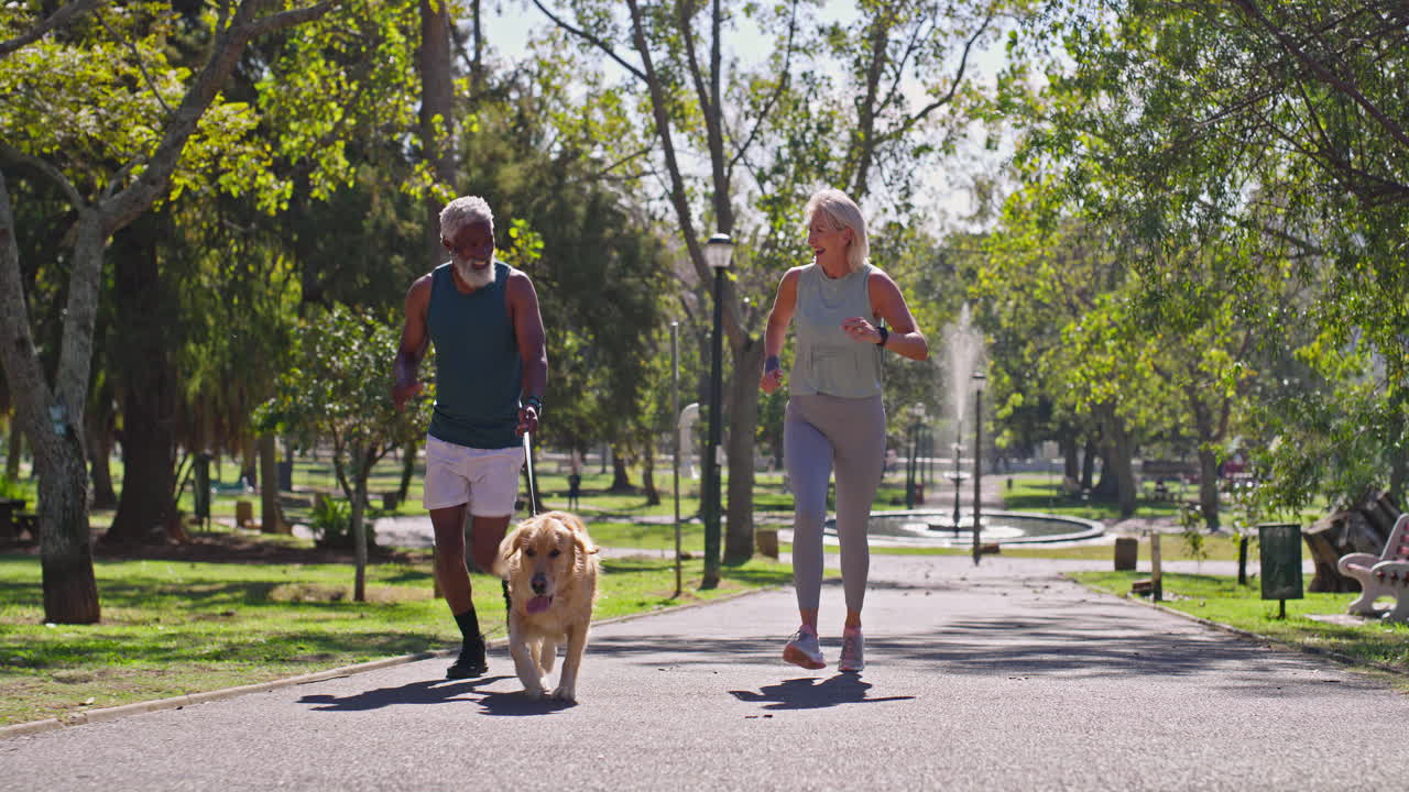 Senior couple jogging with their dog in the park