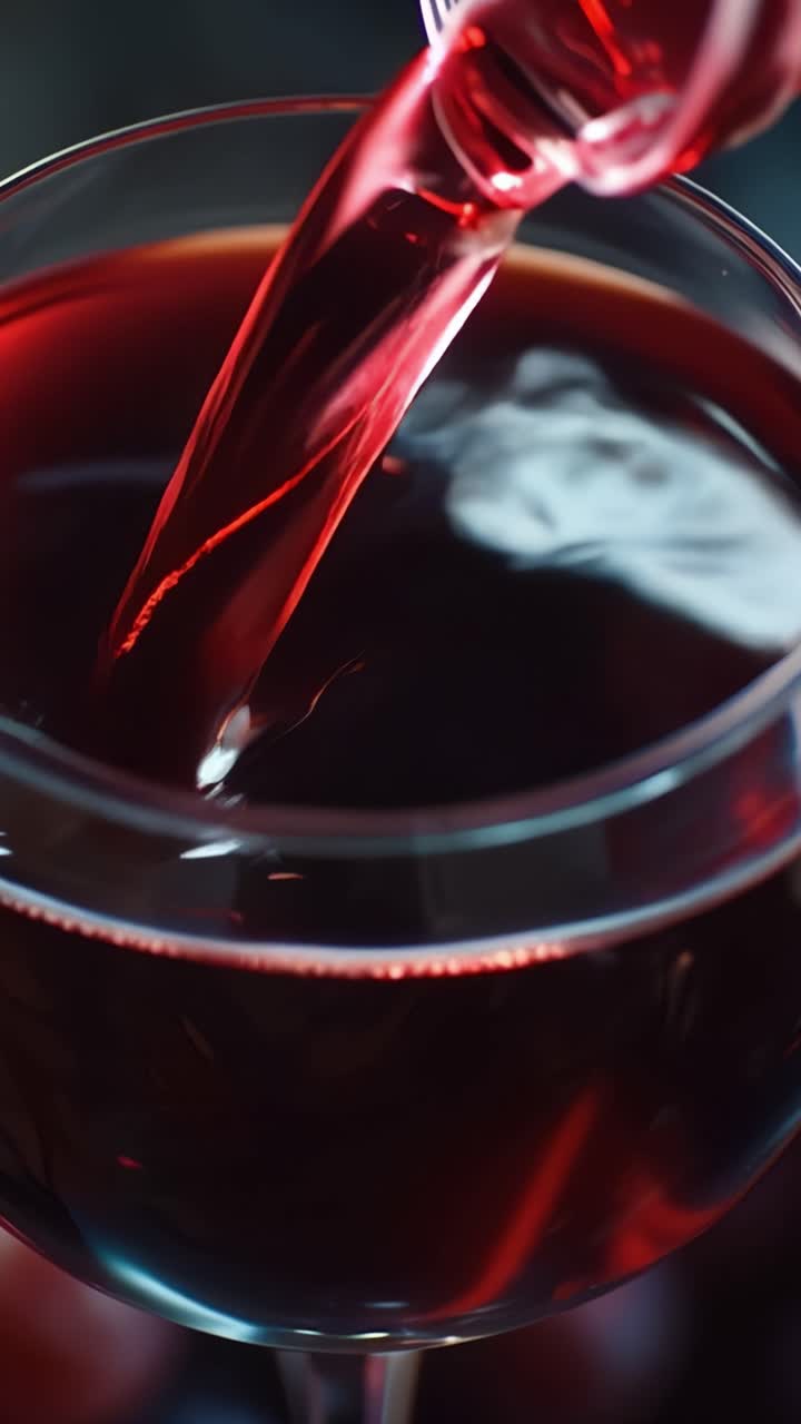 Primo piano accattivante di un bicchiere riempito con liquido rosso intenso, che mostra il riflesso e la rifrazione della luce sulla superficie luminosa e lucida.