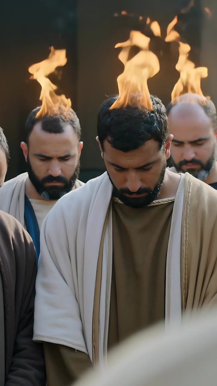Vertical video: Bowing bearded man and two robed men bowing heads at ritual, flames appearing above