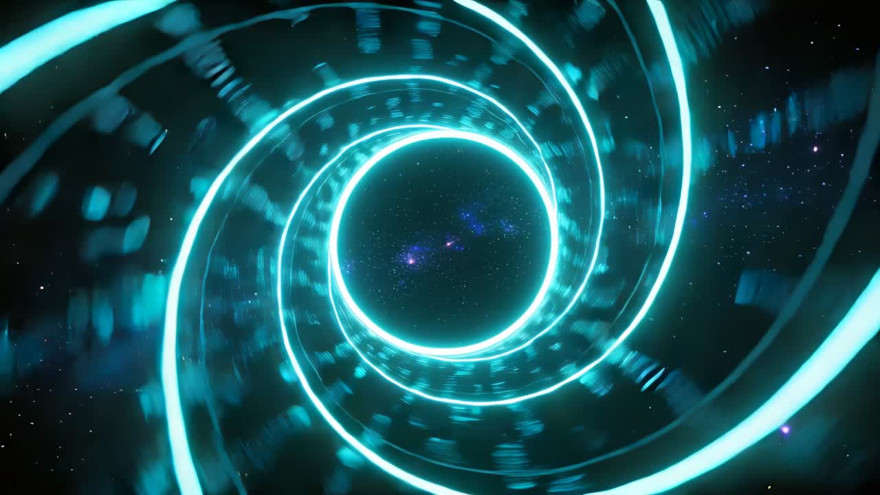 Rotating teal spiral bands pulling particles into starfield, revealing purple cluster