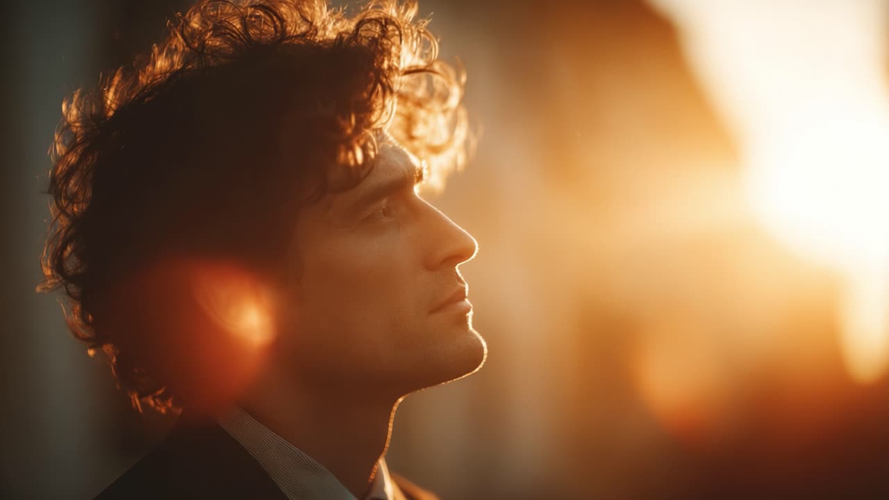 A Contemplative Man in Profile with Sunlit Backdrop Captured in a Serene Moment During Golden Hour, Reflecting on Life and Possibilities