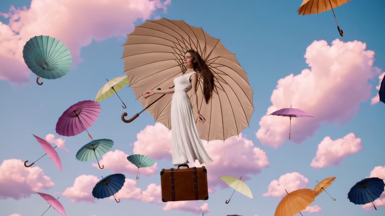 Surreal Journey with a Woman and Floating Umbrellas in a Dreamy Sky