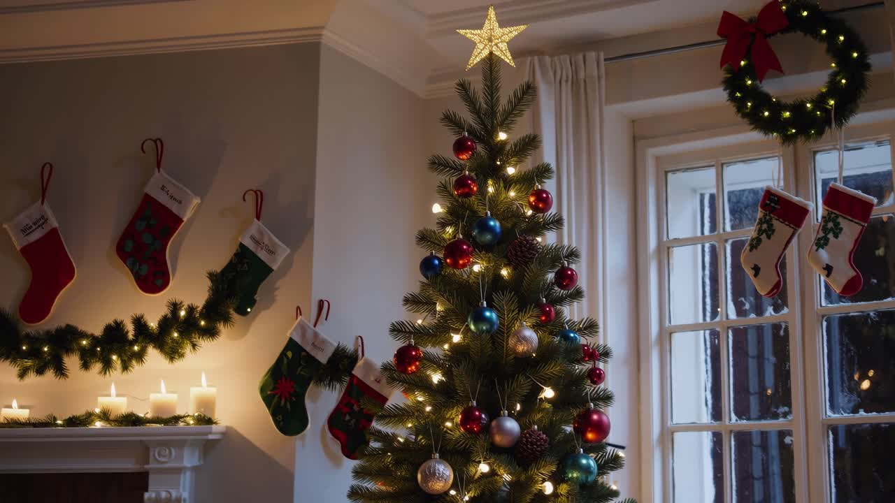 Cozy Christmas living room scene with a decorated tree and stockings