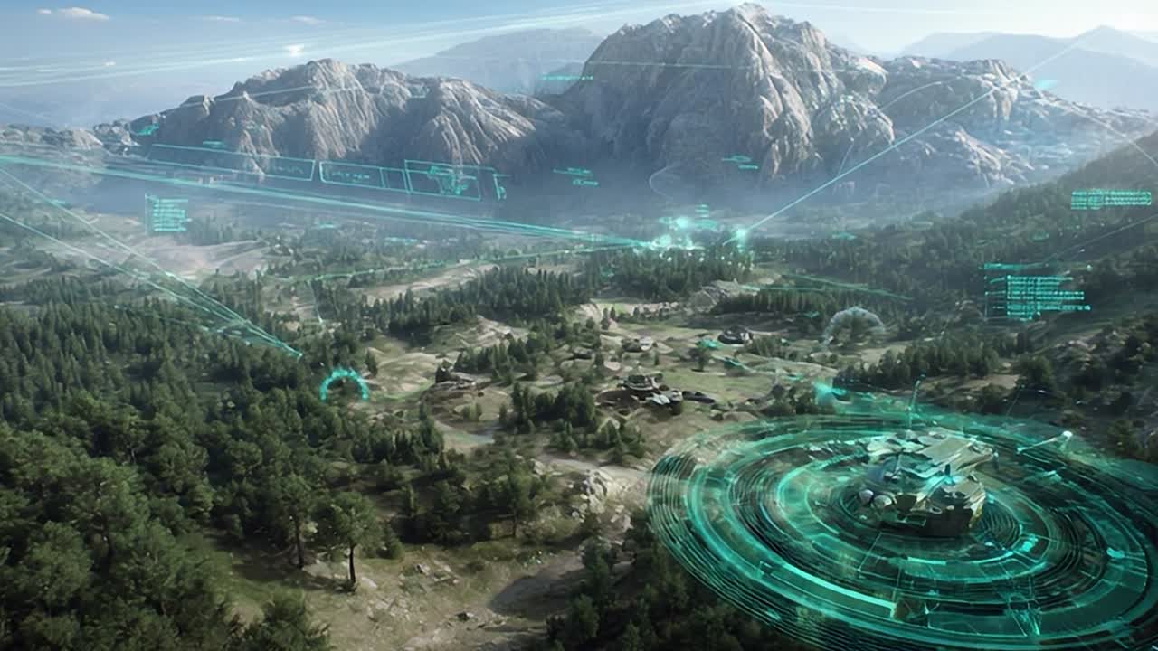 Military base in a mountainous region with advanced technology overlay