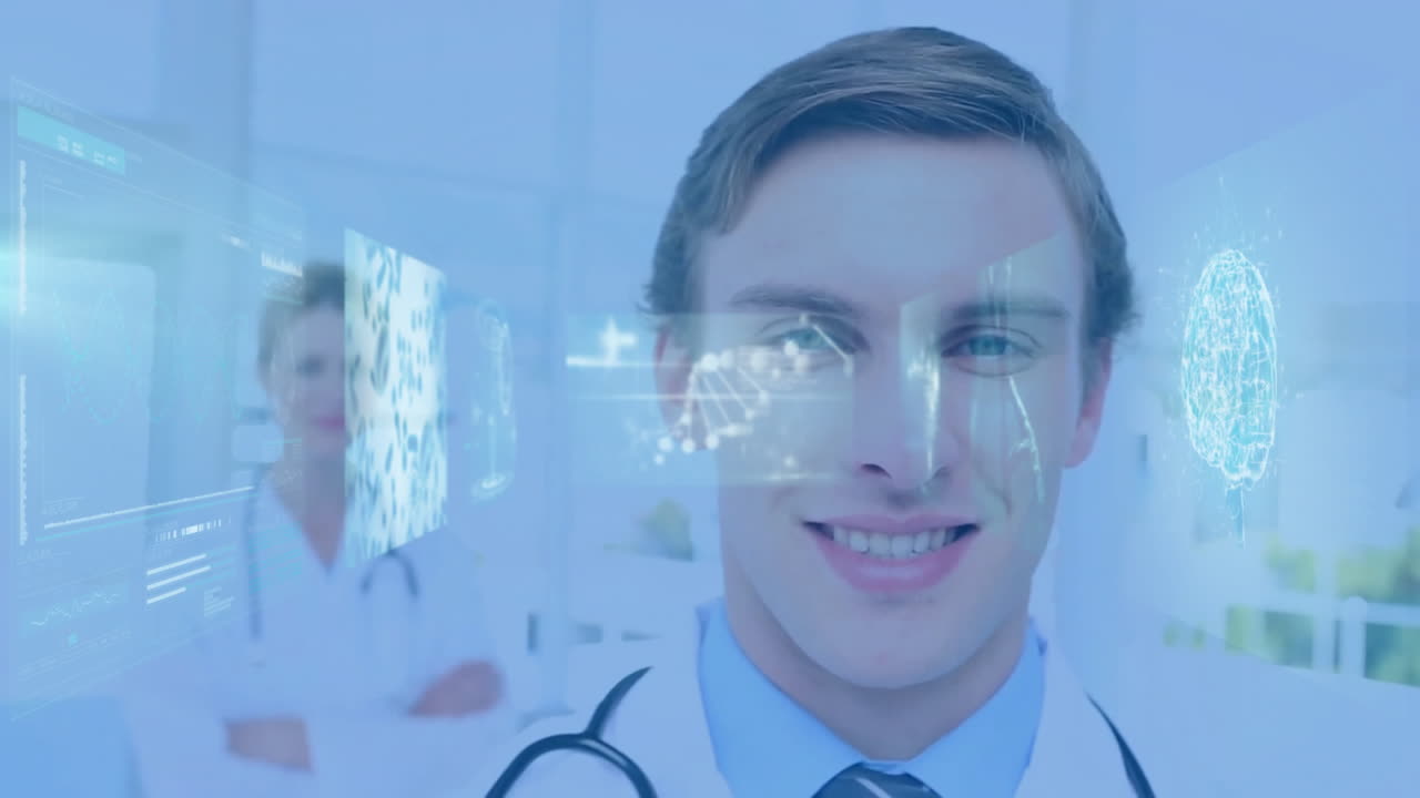 Professionisti sanitari sorridenti con animazione del filamento di DNA in un ambiente medico.
