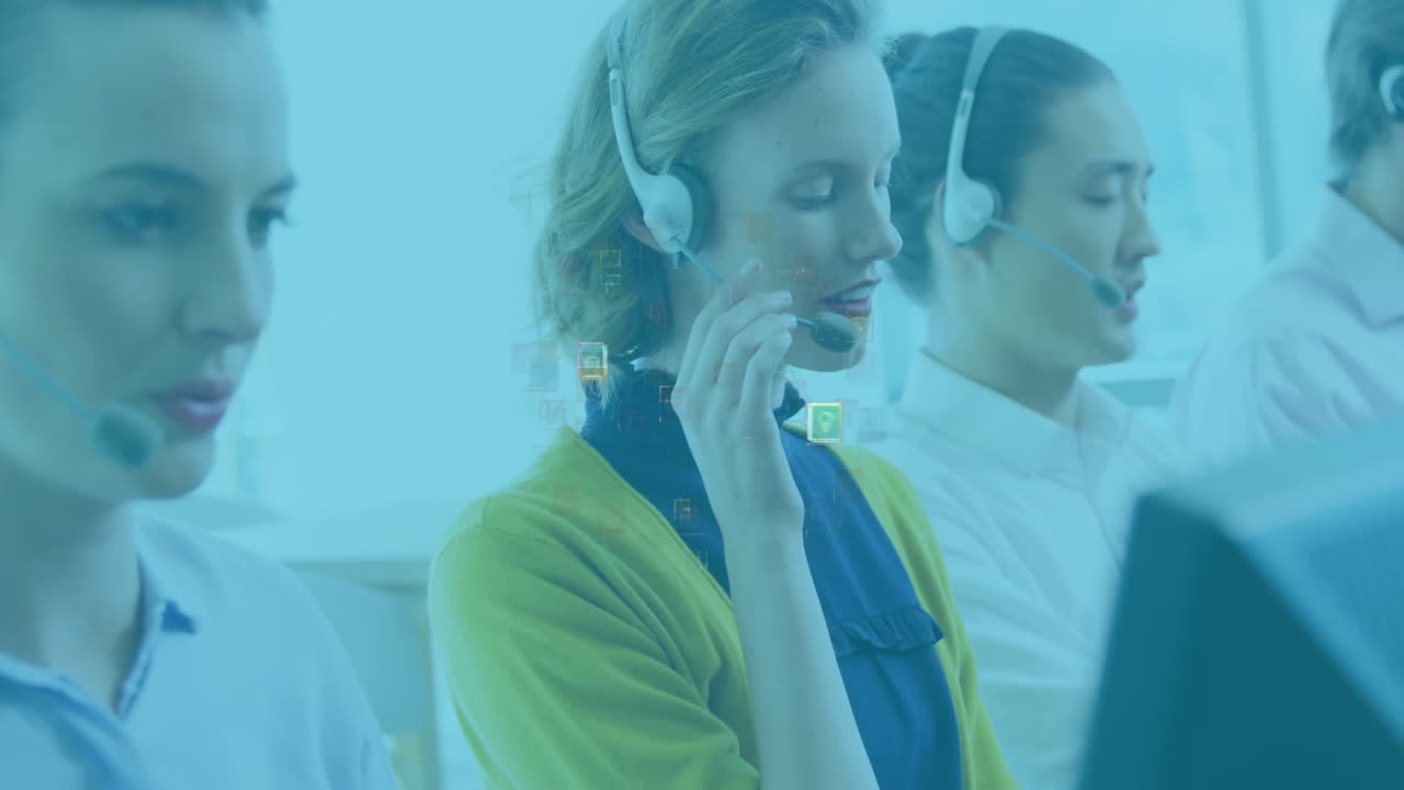 Animation of connection with icons and data over diverse business people in office