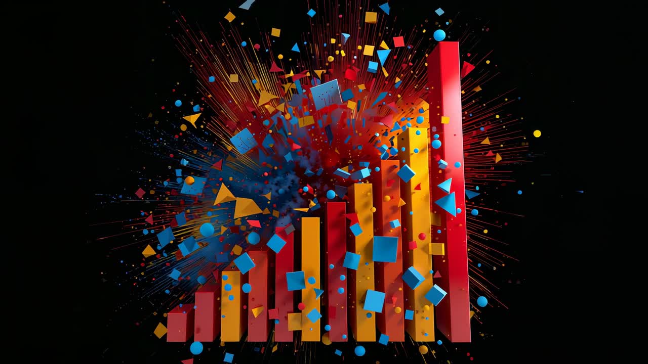 Red orange bars exploding after burst in void, while dollying in to showcase shapes scattering