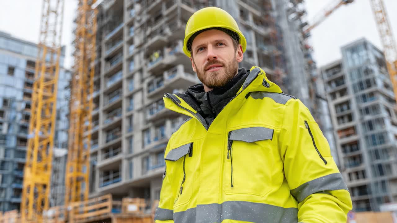 A Confident Construction Worker in a Bright Yellow Hard Hat and Jacket Poses on a Busy Building Site with Tower Cranes and Multi-story Structures in View