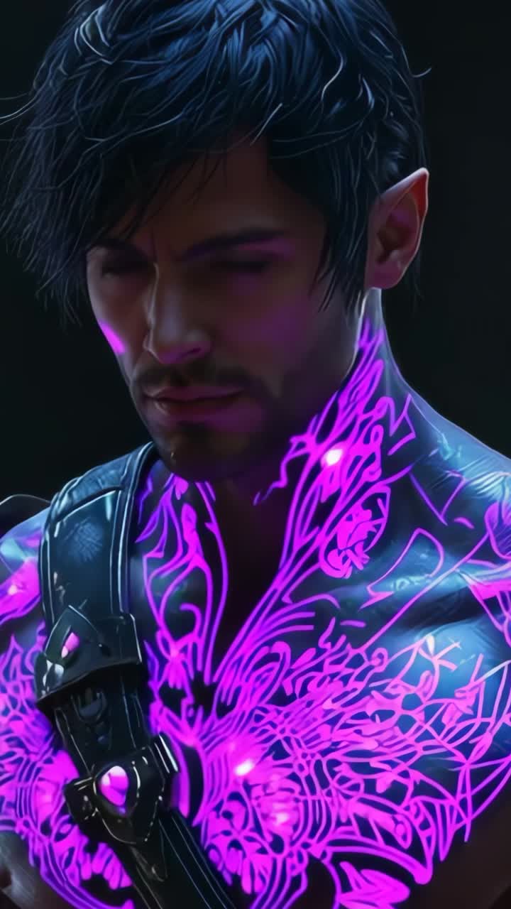 Vertical video: Scene starting shirtless elf expanding wing tattoos across strapped chest in void