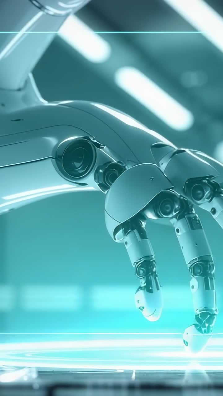 Vertical video: Lowering robotic arm extending finger touching neon-blue field in lab, with ripple