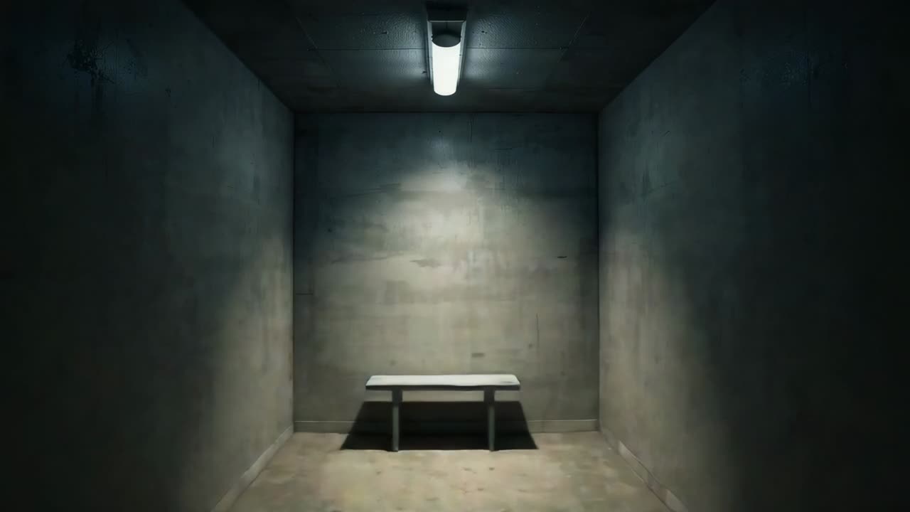 Flickering fluorescent tube cycling, revealing bench in concrete cell room for monitoring