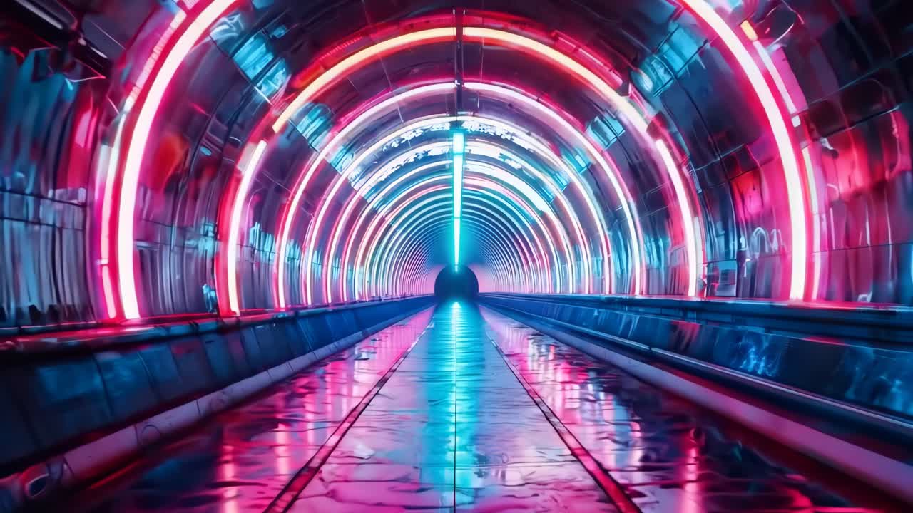un largo túnel con luces de neón en el medio