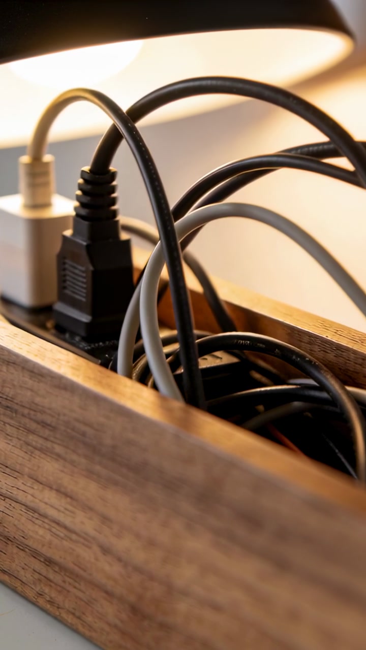 Vertical video: Camera panning inward revealing wooden cable box on home office desk with warm lamp