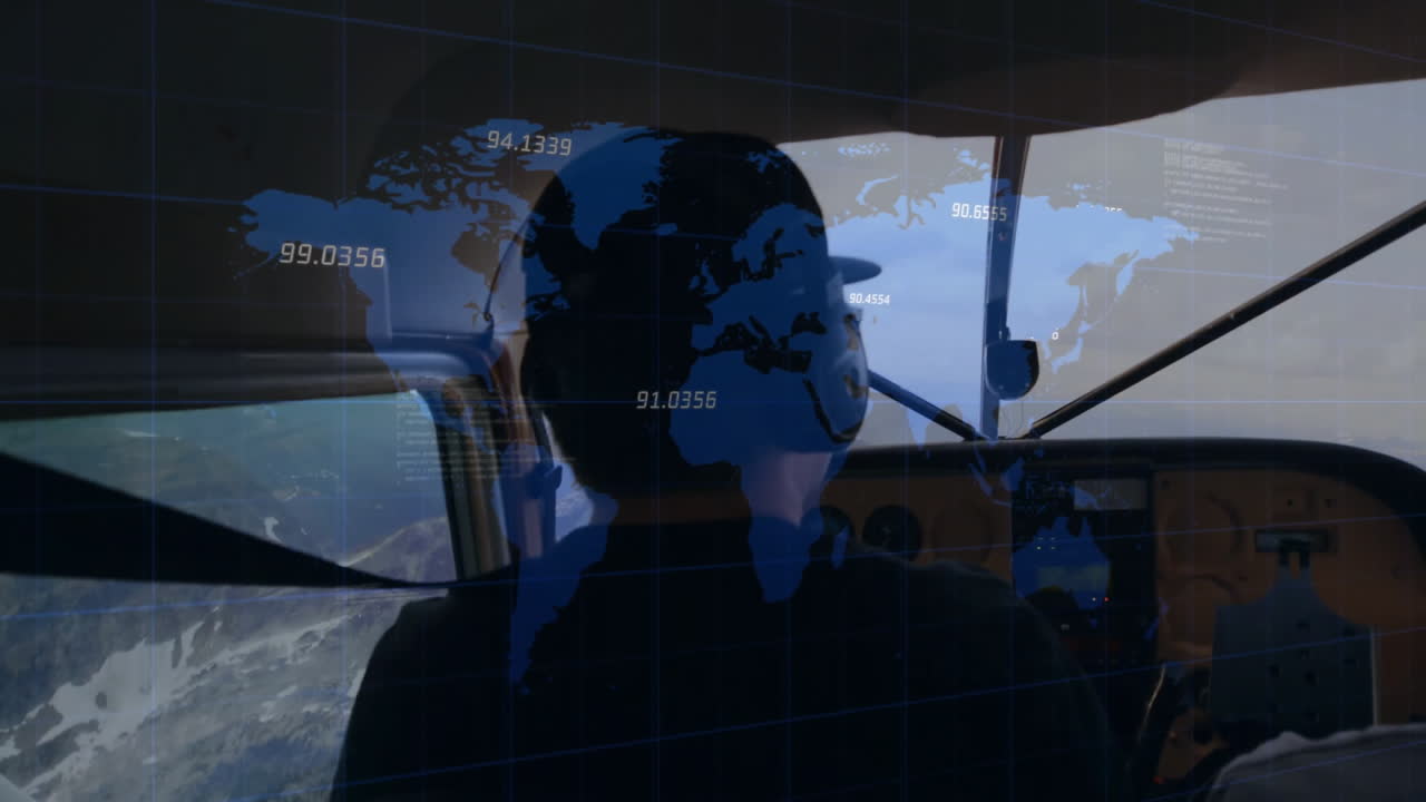 two pilots navigating controls in aviation cockpit, showing world map overlay with coordinates