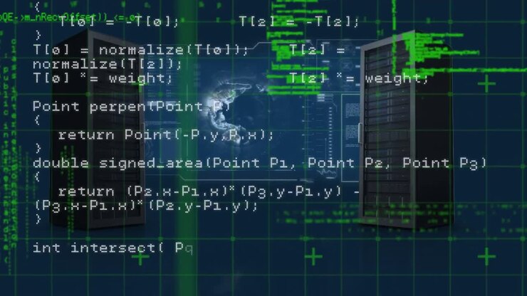 Digital animation of data processing over computer servers and spinning globe on blue background
