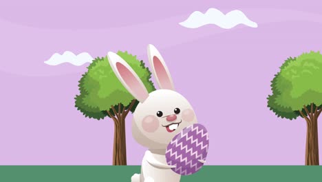 feliz celebración de pascua con huevo de levantamiento de conejo