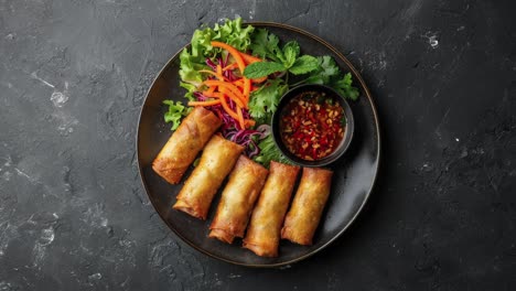 delicious crispy spring rolls with dipping sauce and fresh vegetables