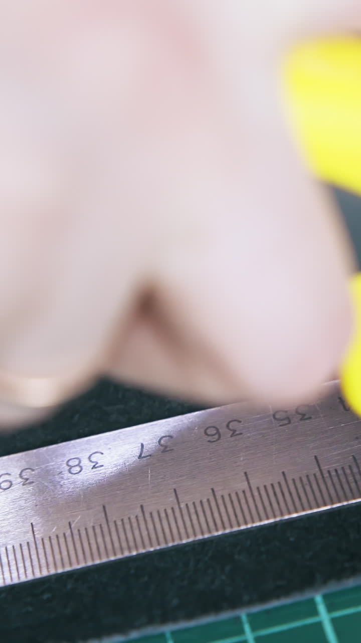 CU: Person cuts leather cloth with yellow rotary cutter near ruler on green cutting board extreme close view