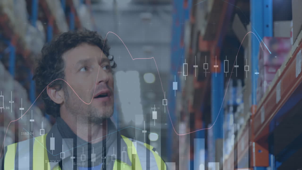 Animation of statistics and financial data processing over man working in warehouse