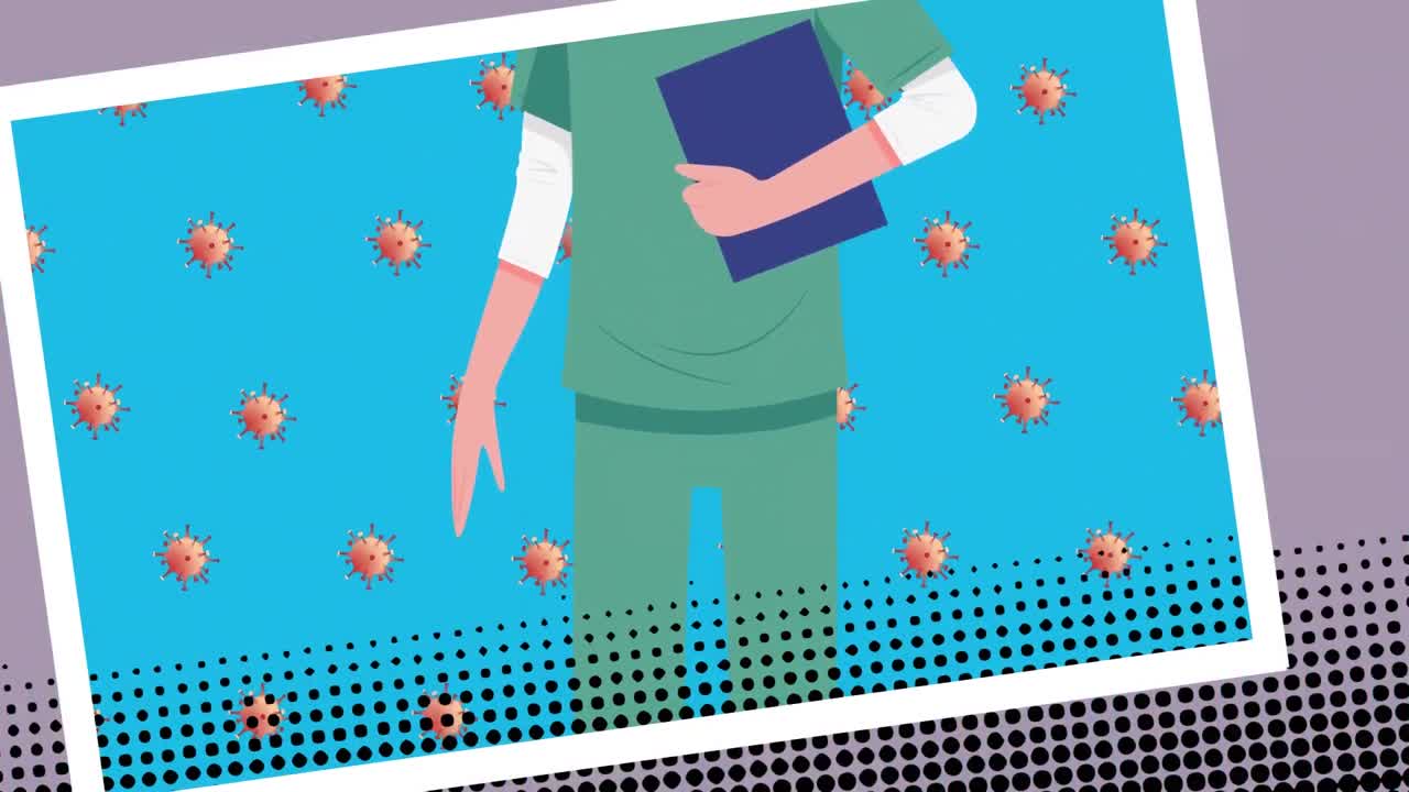 animación de una doctora y células virales en fondo azul