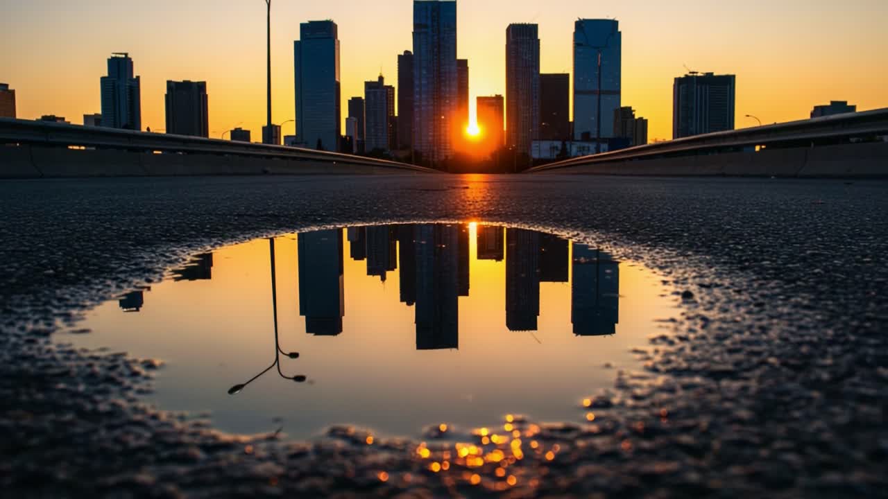 A Stunning Reflected Sunset Over a Cityscape: Captivating Urban Silhouettes Mirrored in a Puddle on an Empty Road at Golden Hour