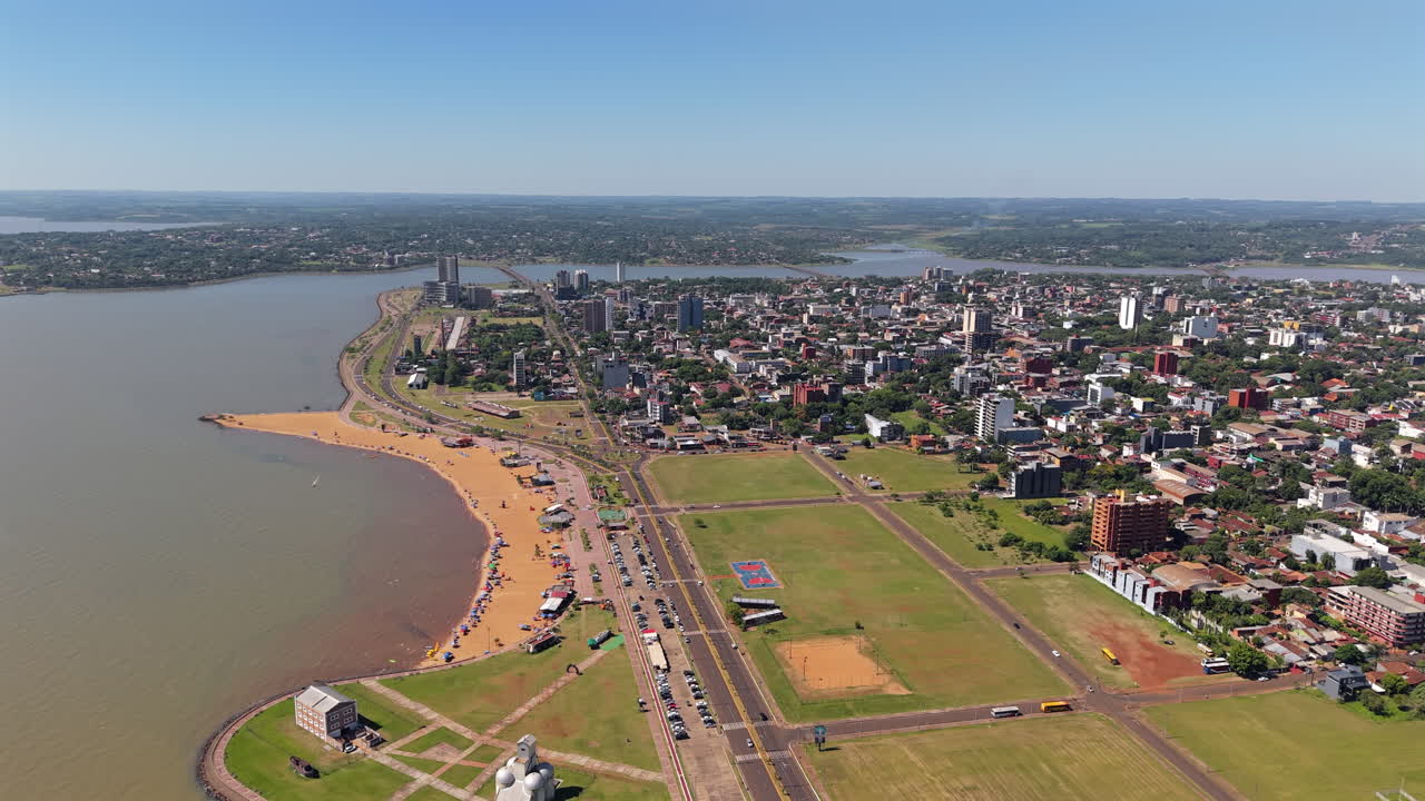 This breathtaking aerial view showcases the city of Encarnación, Paraguay, with its beautiful San José Beach.