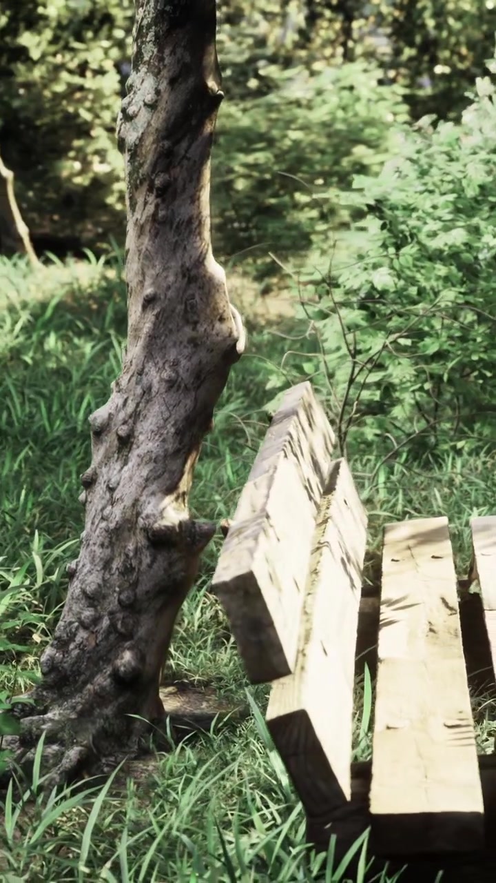 Tree stands near wooden boat in a green area with grass and plants