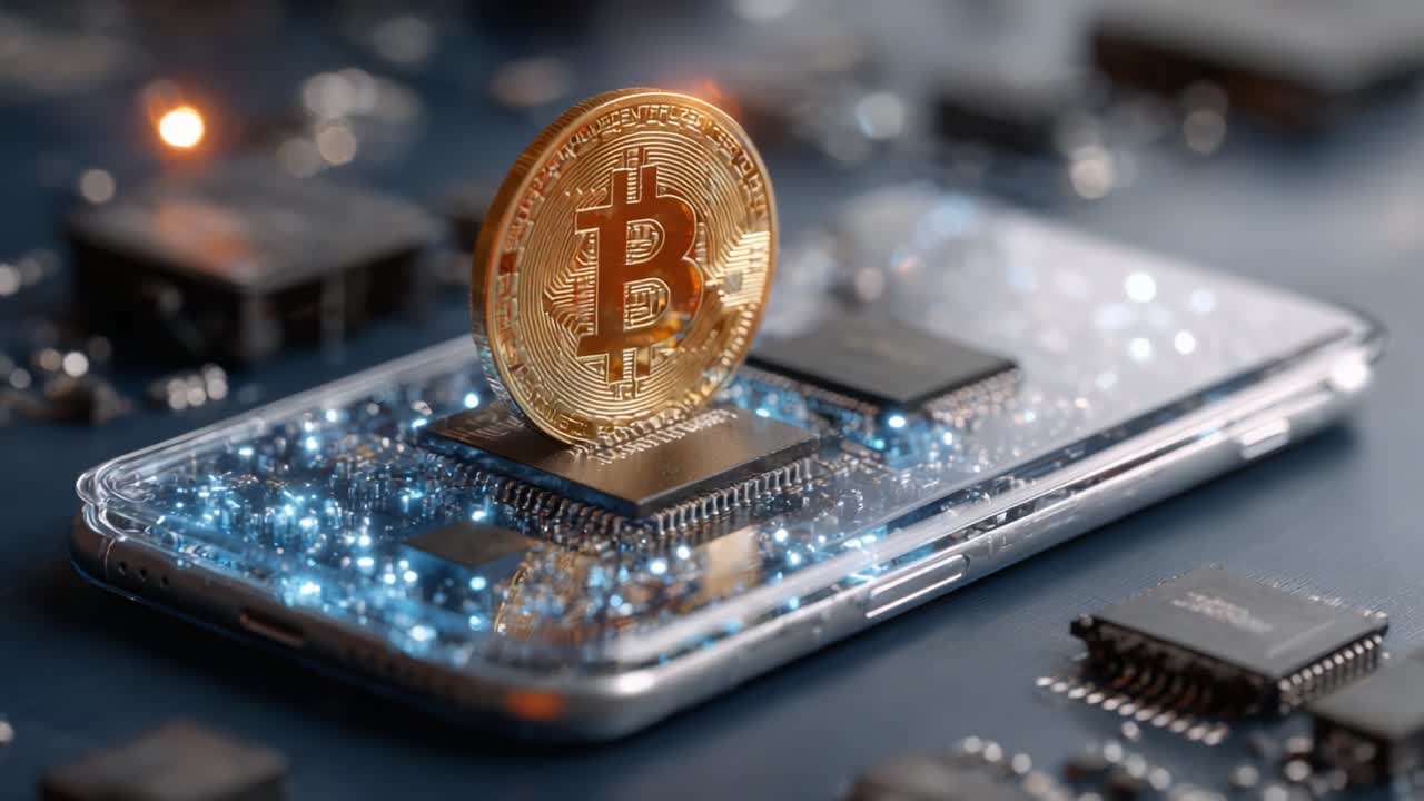 A Glimmering Bitcoin Coin on a Smartphone's Circuit Board: Exploring the Intersection of Digital Currency and Modern Technology