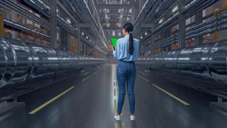 full body back view of an asian female professional worker standing with green screen tablet in big warehouse filled with metal pipes, industrial facility