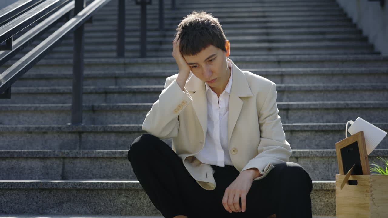 Woman Unemployed Sitting on Stairs