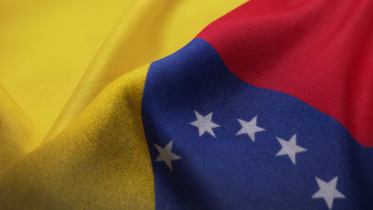 Close-up de uma bandeira venezuelana ao vento, mostrando a textura do tecido e as estrelas