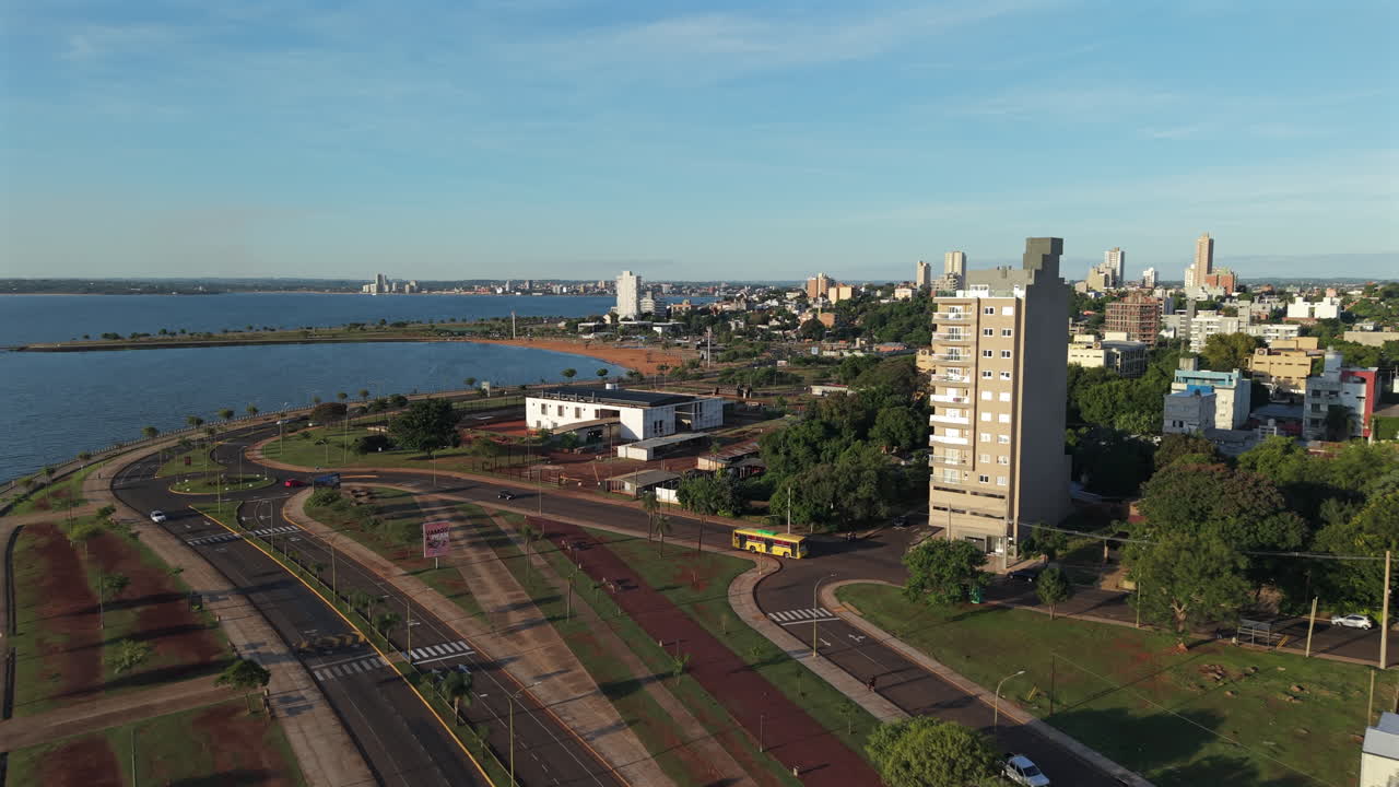 Drone view of El Brete beach and modern infrastructure in Posadas, Argentina