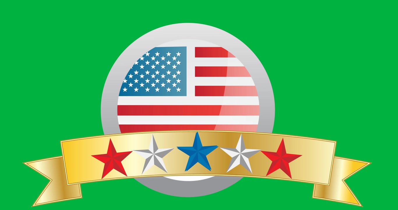 Multiple stars icons on golden ribbon against american flag round badge on black background