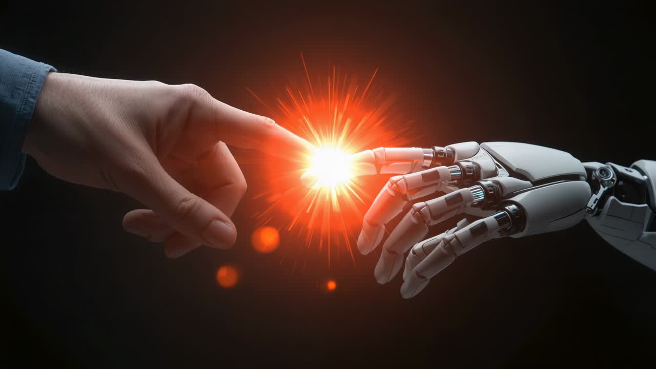 Indici destro di umano e robot che si avvicinano, creando un bagliore arancione in uno studio scuro con un polsino blu.