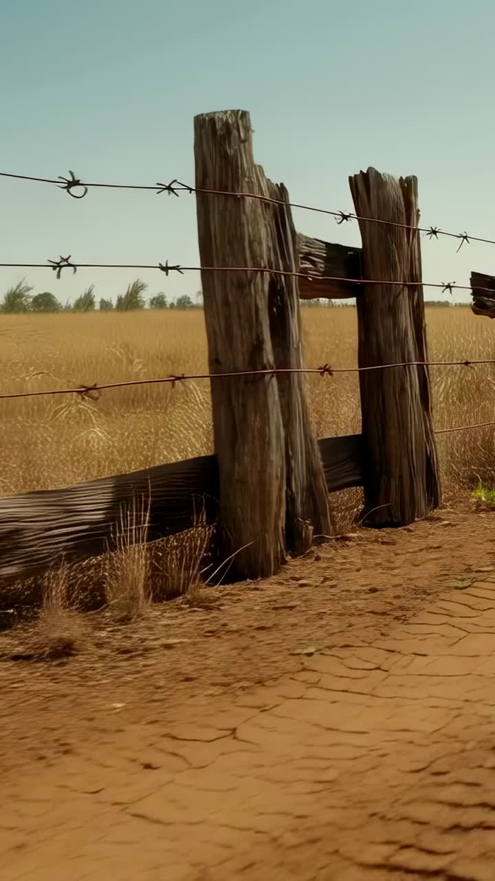 Vídeo vertical: movimento panorâmico da câmera em postes de cerca desgastados e arame farpado ao longo de uma estrada de terra, mostrando poeira