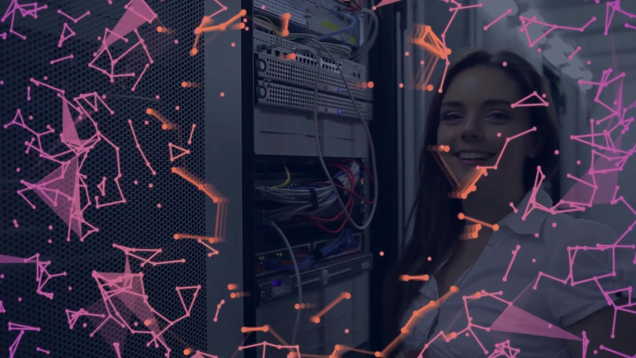 Female Technician Working on Servers in Data Center with Digital Network Overlay