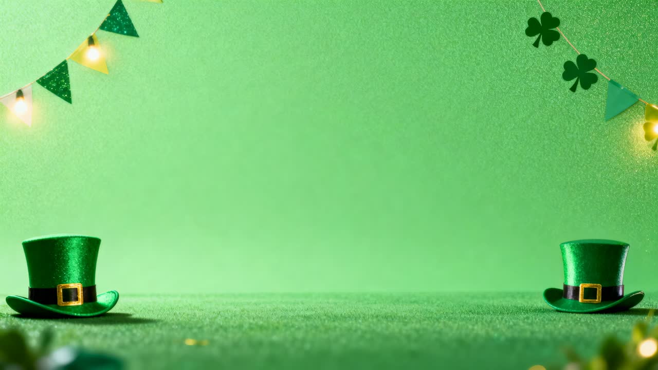 Panning camera while lights shifting, revealing central green set, with two green hats and bunting
